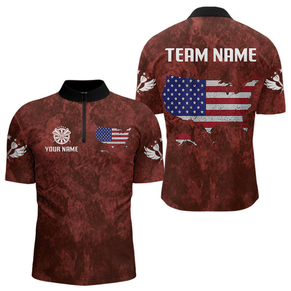 Maxcorners US Flag & Map Dartboard Men's Red Darts Shirt - Custom Name For Darts Jersey LM2206