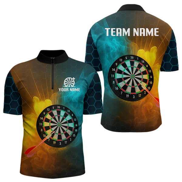 Maxcorners Turquoise & Yellow Smoke Dartboard Darts Shirt For Men - Custom Name & Team Jersey LM3006