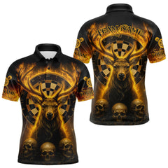 Maxcorners Custom Yellow Flames Deer Dartboard Polo Dart Shirt Flame Skull Dart Jersey For Men LM0409