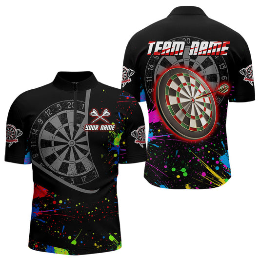 Maxcorners Red Dartboard Multicolored Splashes Men's Darts Shirt - Custom Name For Players LM2206