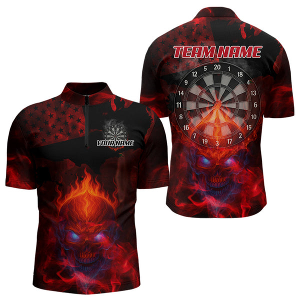 Maxcorners US Flag & Skull Custom Patriotic Red Dart Polo Shirts For Men, Dart Team Jerseys LM2007