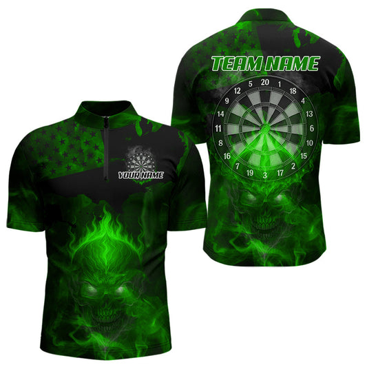 Maxcorners US Flag & Skull Custom Patriotic Green Dart Polo Shirts For Men, Dart Team Jerseys LM2007