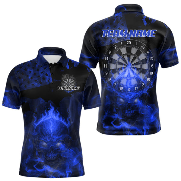 Maxcorners US Flag & Skull Custom Patriotic Blue Dart Polo Shirts For Men, Dart Team Jerseys LM2007