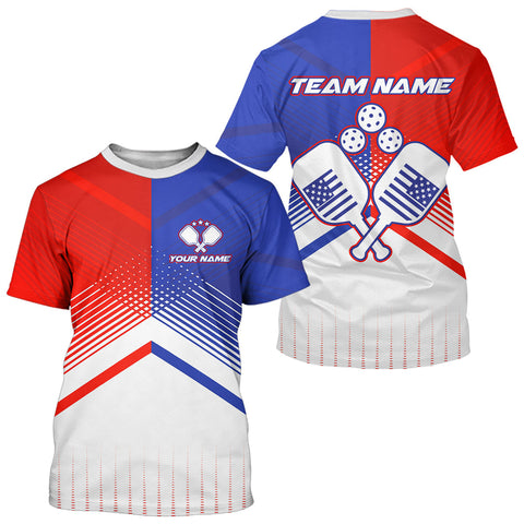 Maxcorners Custom Red & Blue Patriotic Pickleball T-Shirt For Men US Flag Pickleball Paddle Jerseys LM0409