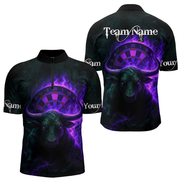 Maxcorners Purple Flaming Dartboard & Bull Darts Shirt For Men - Custom Name & Team Jersey LM3006
