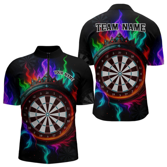 Maxcorners Multicolor Flaming & Red Dartboard Darts Shirt For Men - Custom Name & Team Jersey LM3006