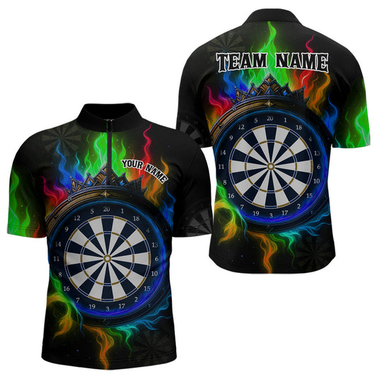 Maxcorners Multicolor Flaming & Blue Dartboard Darts Shirt For Men - Custom Name & Team Jersey LM3006