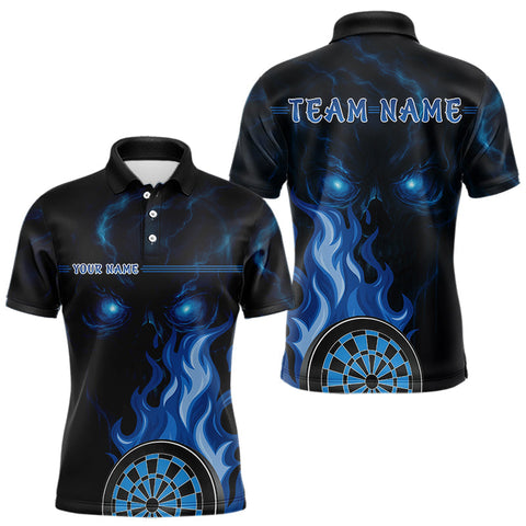 Maxcorners Flaming Dartboard 3D & Skull Personalized Blue Darts Polo Shirt For Men, Darts Gift LM0803