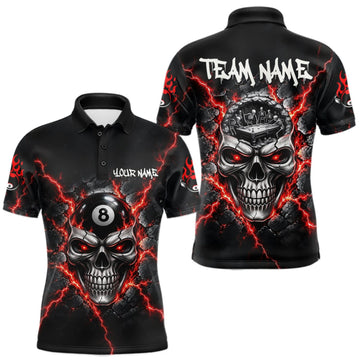 Maxcorners Custom Cracked Skull 8 Ball Billiard Shirt For Men Red Thunder Skeleton Billiards 1/4-Zip Polo Jersey LM0510