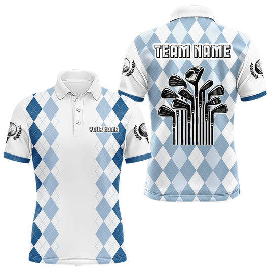Maxcorners Mens Argyle Pattern Golf Polo Shirts, Blue Argyle Golf Attire Custom Golf Clubs Pattern Upf Shirts LM0404