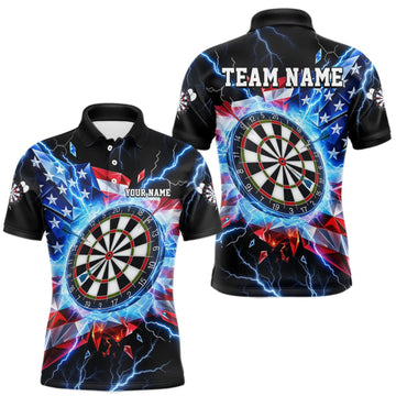 Maxcorners Broken Glass US Flag Darts Polo 1/4-Zip Shirt For Men Custom Blue Lightning Darts Tournament Jersey LM0510