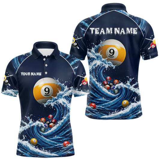 Maxcorners Blue Waving 9 Ball Pool Shirts Custom Billiard Pool Shirts For Men 3D Billiard Team Attire LM0607