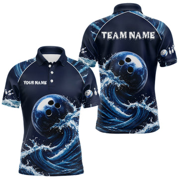 Maxcorners Blue Waving Bowling Ball Shirts For Men Custom Polo Quarter-Zip Team Bowling Tournament Shirt LM0607