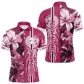 Maxcorners Pink Tropical Flower Flame Bowling Polo Quarter Zip Shirts For Men Custom Bowler Gift Bowling Team LM0510