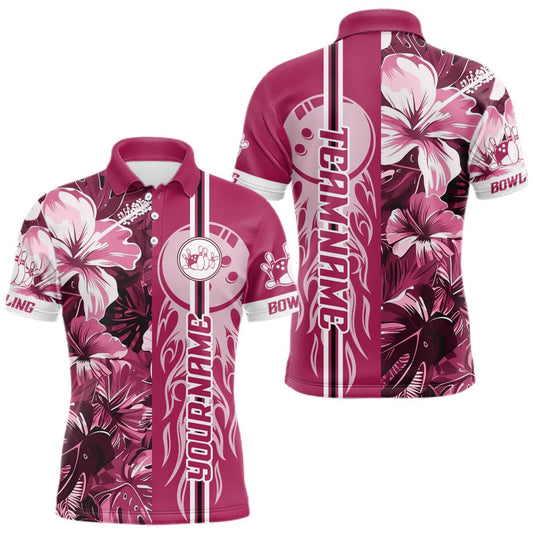 Maxcorners Pink Tropical Flower Flame Bowling Polo Quarter Zip Shirts For Men Custom Bowler Gift Bowling Team LM0510