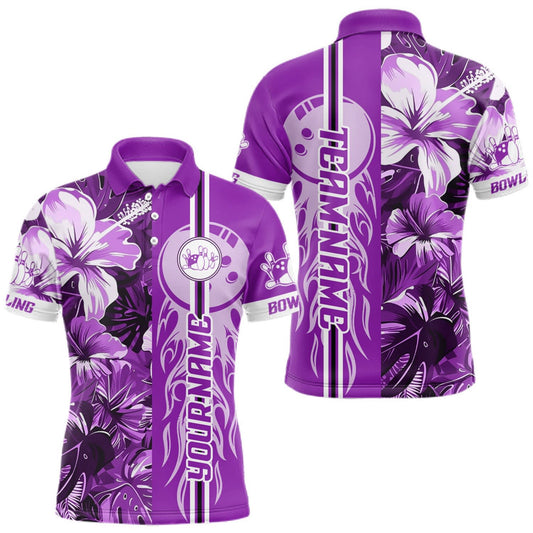 Maxcorners Purple Tropical Flower Flame Bowling Polo Quarter Zip Shirts For Men Custom Bowler Gift Bowling Team LM0510