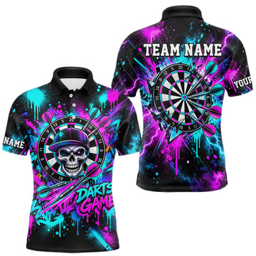 Maxcorners Skull Graffiti Darts Polo 1/4-Zip Shirt For Men Purple Blue Thunder Cracked Darts Team Apparel Jersey