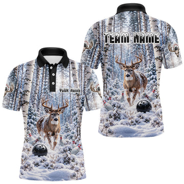 Maxcorners Personalized Winter Deer Bowling Polo 1/4-Zip For Men Custom Deer Bowling Team Apparel