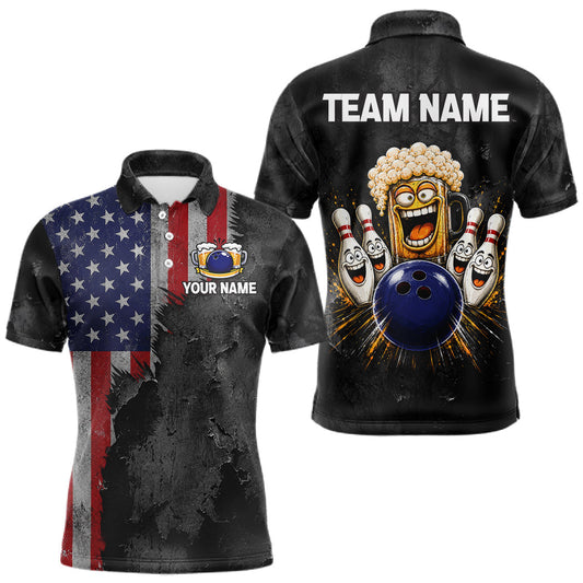 Maxcorners American Flag Grunge Patriotic Bowling Shirt For Men Custom Funny Beer Bowling Tournament Jersey