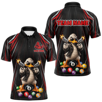 Maxcorners Grunge Duck Gun 8 Ball Mens Billiard Polo Shirts Custom Black And Red Funny Billiard Team Apparel