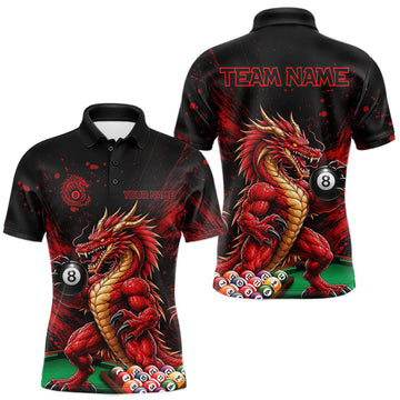 Maxcorners Custom Red Grunge Dragon 8 Ball Billiard Pool Shirt For Men Funny Billiard Team Jersey