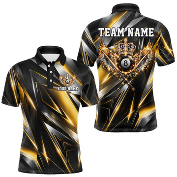 Maxcorners Custom Crown 8 Ball Wings Billiard Polo 1/4-Zip Shirt For Men Silver & Gold Billiard Pool Team Jersey