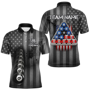 Maxcorners Grunge US Flag Blur 8 Ball Pool Billiard Team Shirt For Men Custom Patriotic Billiards Ball Attire