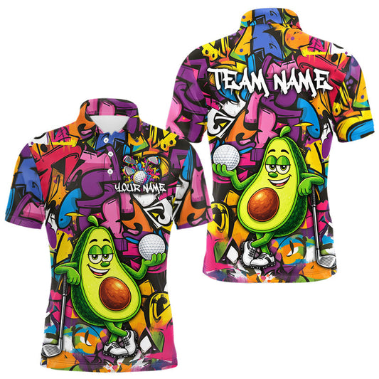 Maxcorners Personalized Name Golf Shirt For Men Funny Avocado Golf Jersey Colorful Graffiti Golf Polo Shirt