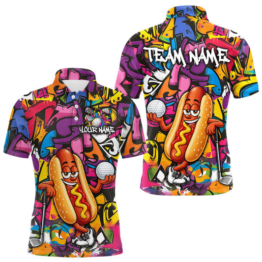 Maxcorners Personalized Name Golf Shirt For Men Funny Hotdog Golf Jersey Colorful Graffiti Golf Polo Shirt
