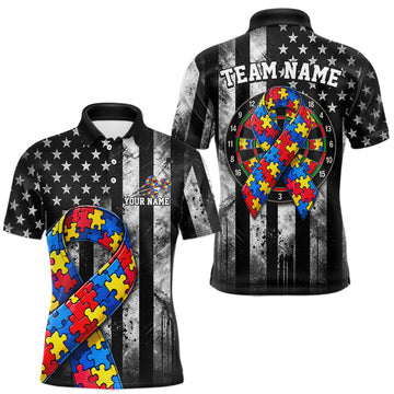 Maxcorners Custom Autism Awareness Polo 1/4-Zip Shirt For Men Autism Puzzle Piece Darts Tournament Jersey