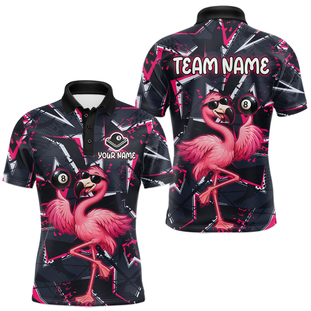 Maxcorners Custom Flamingo Men Billiard Polo 1/4-Zip Shirt Pink Strikes 8 Ball Billiard Fun Pool Team Uniform