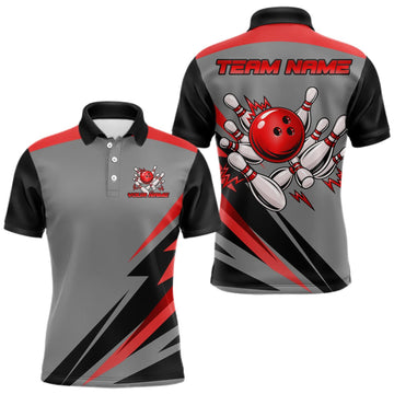 Maxcorners Personalized Gray And Red Bowling Team Shirts For Women Custom Bowling Polo Quarter Zip Shirt LM2709