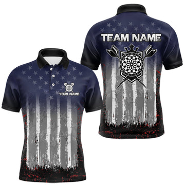 Maxcorners Gray, Blue And Red Grunge US Flag Darts Polo & 1/4-Zip Shirt Custom Patriotic Dart Jersey For Men