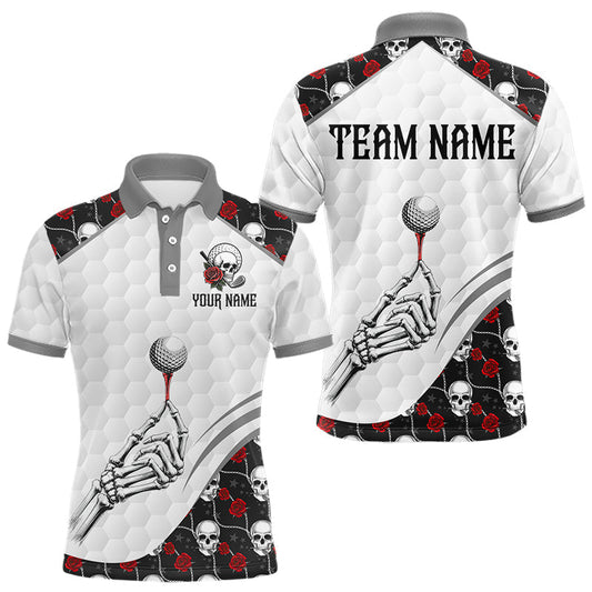 Maxcorners Red Roses Skull Pattern Golf Polo Shirts For Men Custom Bone Hand Golf Team Tournament LM1705