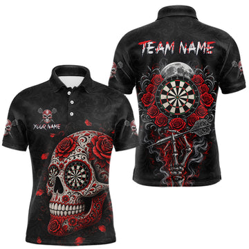 Maxcorners Red Sugar Skull Tattoo Custom Team Dart Polo Quarter-Zip Shirts Roses Skull Darts Jersey For Men LM0410