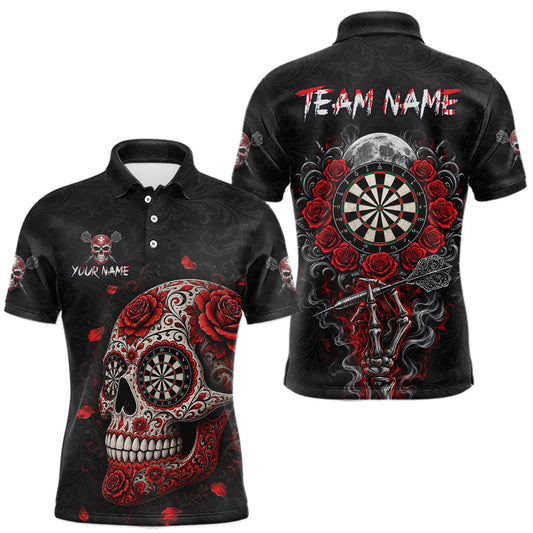 Maxcorners Red Sugar Skull Tattoo Custom Team Dart Polo Quarter-Zip Shirts Roses Skull Darts Jersey For Men LM0410