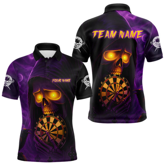 Maxcorners Custom Purple-Yellow Grim Heaper Halloween Men Dart Polo Shirt Dart Tournament Jersey