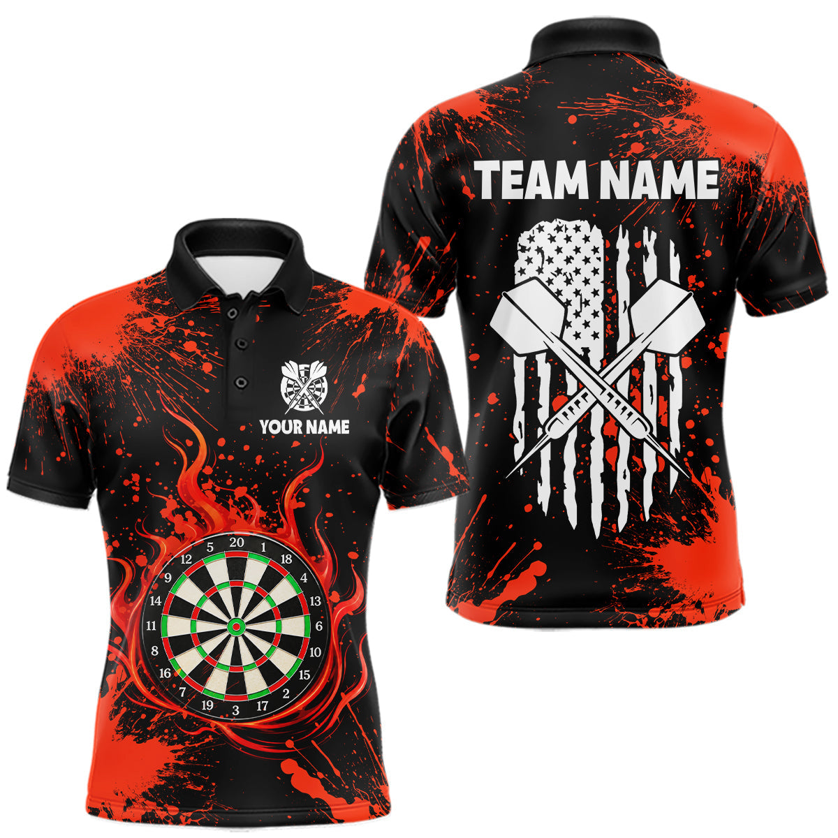 Maxcorners Custom Red Splatter Dartboard Flame Darts Polo 1/4-Zip Shirt For Men US Flag Darts Team Apparel