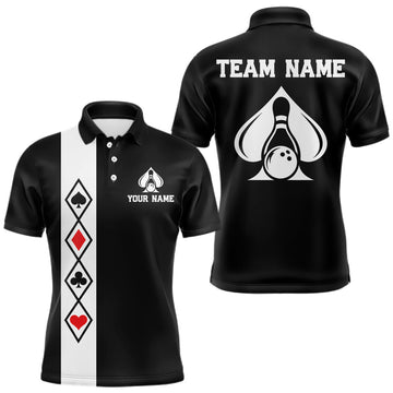 Maxcorners Poker Bowling Polo Quarter-Zip Shirt For Men Custom Black And Red Poker Bowling Tournament Jersey