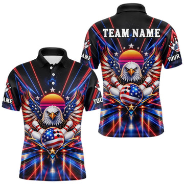 Maxcorners Eagle Bowling Polo 1/4-Zip Shirt For Men Custom Red & Blue Lighting Retro 80S Bowling Team Jersey LM1910