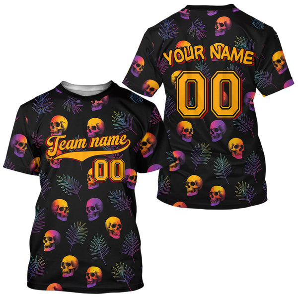 Maxcorners Custom Black And Yellow Skull Baseball Halloween T-Shirt For Men Skull Baseball Shirts LM1809