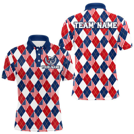 Maxcorners American Flag Argyle Golf Polo Shirt For Men Custom Red White Blue Argyle Golf Team Shirts LM1910