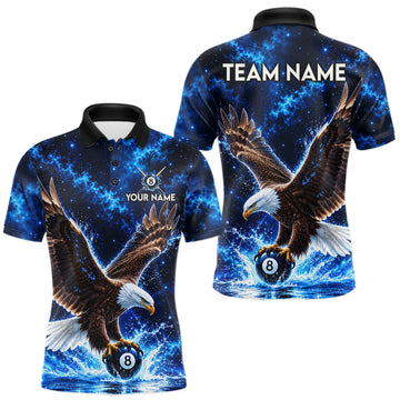 Maxcorners Custom Watering Eagle 8-Ball Billiard Polo Shirt For Men Personalized Blue 8-Ball Pool Jersey