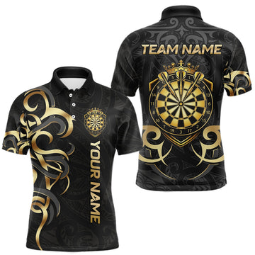 Maxcorners Custom Black And Gold Crown Dartboard Darts Men Polo 14-Zip Shirt, Polynesian Tribal Darts Attire LM1904