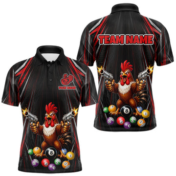 Maxcorners Black And Red Grunge Rooster Gun 8 Ball Mens Billiard Polo Shirts Custom Funny Billiard Team Apparel