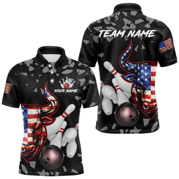 Maxcorners Funny US Flag Bull Grunge Bowling Polo & 1/4 Zip Shirts For Men Custom Team Bowling Jerseys LM2704