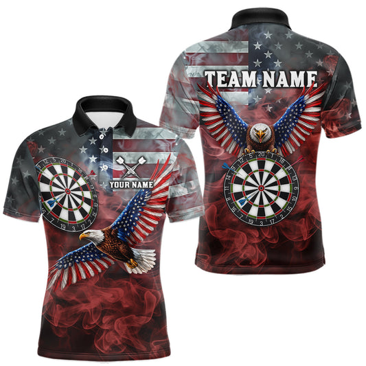 Maxcorners Red Grey Smoke American Flag Eagle Darts Team Shirt For Men Custom Patriotic Dart Polo 1/4-Zip Jersey LM0410
