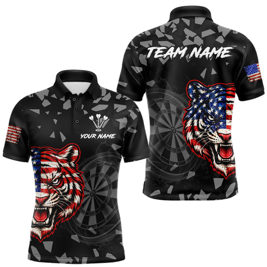 Maxcorners USA Flag Tiger Dartboard Custom Grunge Men Darts Polo 1/4-Zip Shirt Patriotic Darts Team Jersey