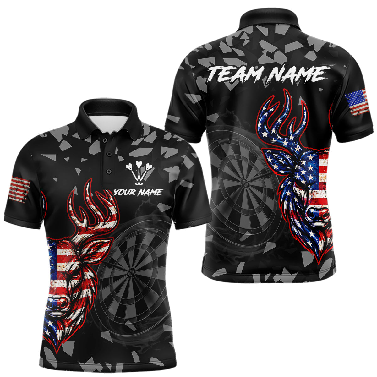 Maxcorners USA Flag Deer Dartboard Custom Grunge Men Darts Polo 1/4-Zip Shirt Patriotic Darts Team Jersey