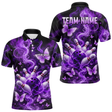 Maxcorners Purple Smoke Bowling Polo 1/4-Zip Shirt For Men Custom Smoke Butterfly Bowling Jersey Bowling Uniform LM2709